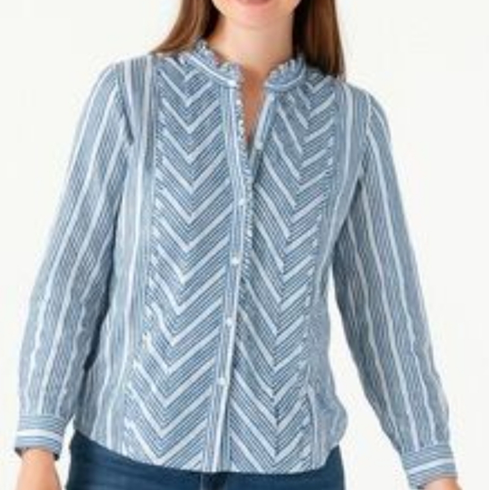 Sundance 100% Cotton Light Blue White Striped Button-Front Top Ruffled Detail